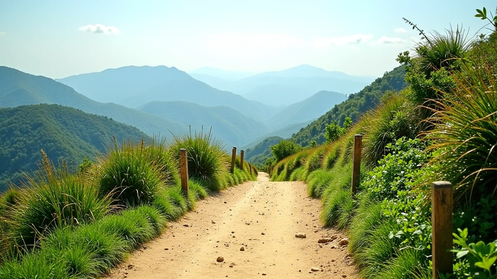 Sendero de montaña bien marcado con vegetación frondosa a ambos lados y señales de dirección