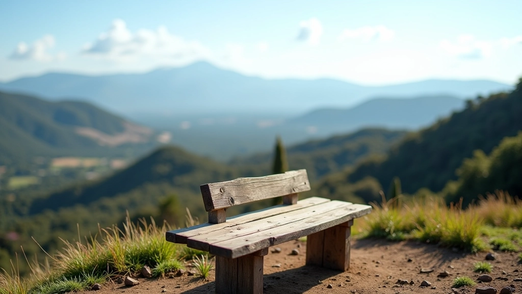 Detalle de una banca de madera con vista al horizonte montañoso en un mirador